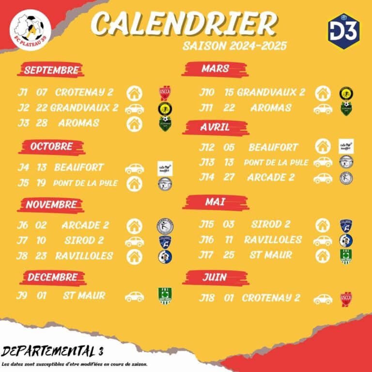 Le Calendrier 2024-2025 du FC Plateau 39 est Disponible !