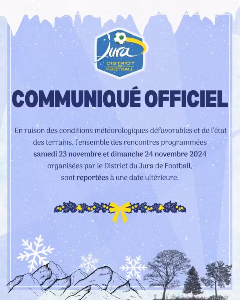 En raison des conditions météorologiques défavorables et de l’état des terrains, le District du Jura de Football a annoncé le report de toutes les rencontres