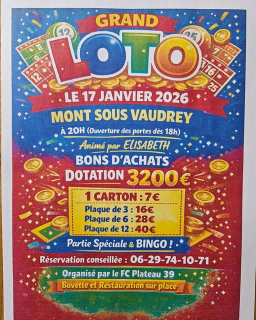 Affiche du grand loto du FC Plateau 39 à Mont-sous-Vaudrey le 17 janvier